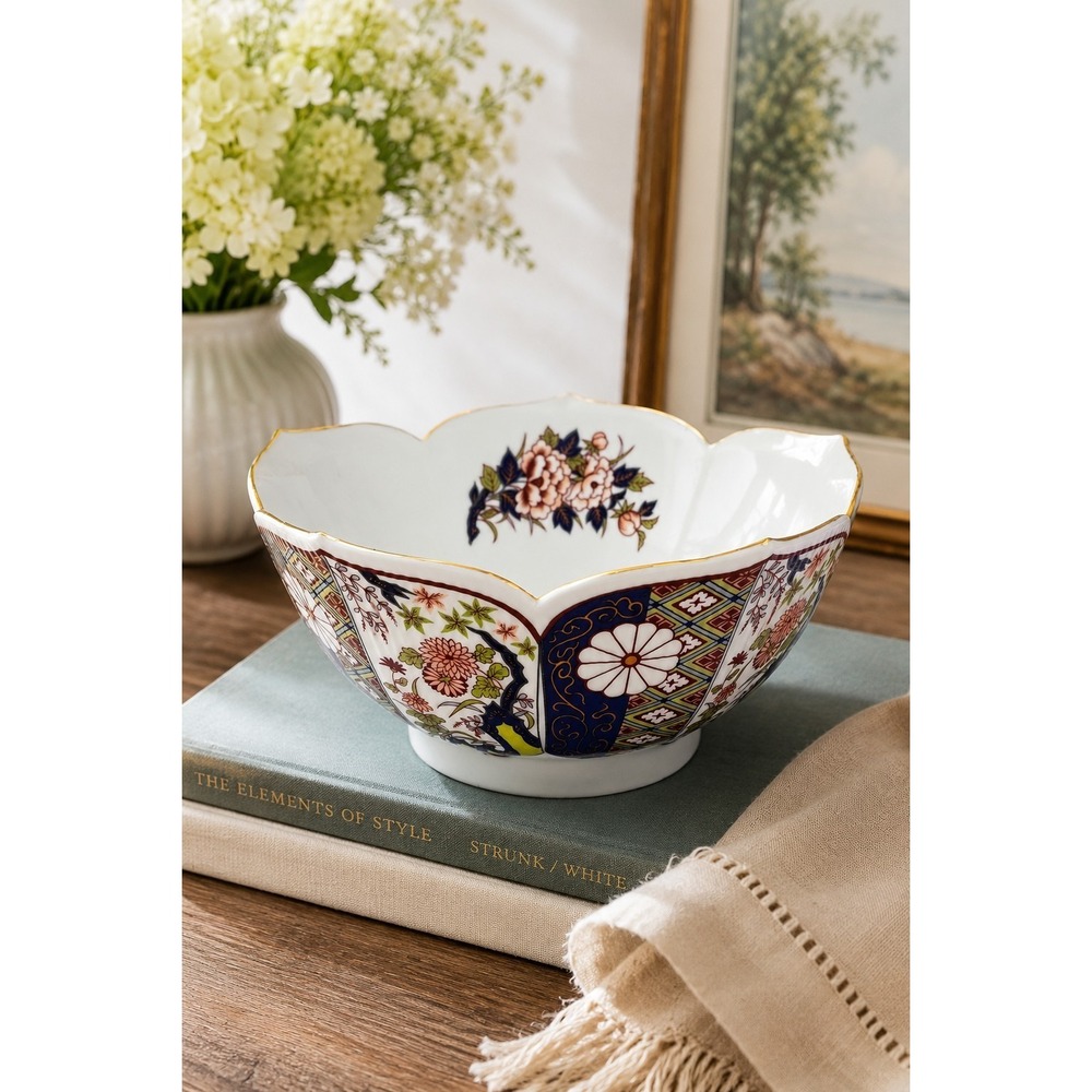 Vintage Imari Ware Japan Scalloped Porcelain Serving Bowl Gold Trim Floral 8"
